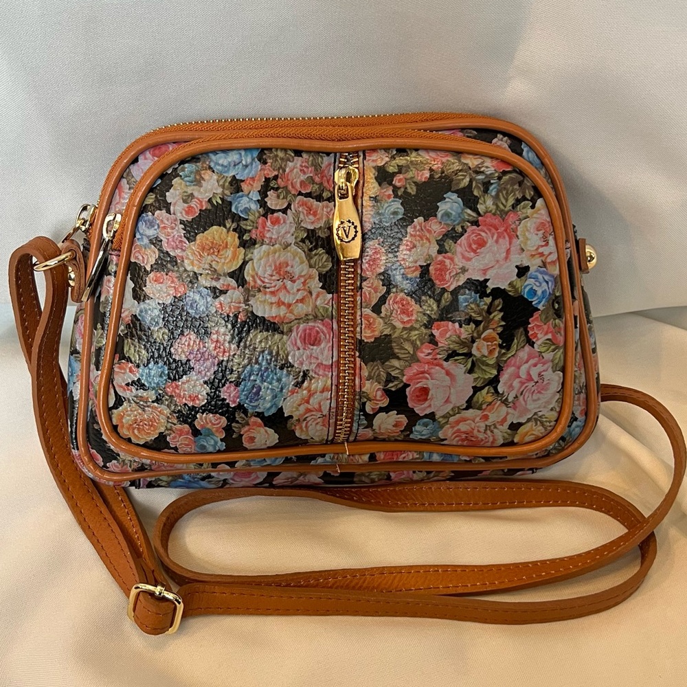 Valentina Genuine Leather, Made in Italy Floral Crossbody Bag